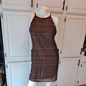 Brown Shimmer Crochet Laser Cut Halter Sheath Dress